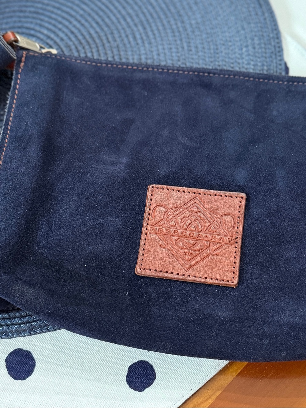 Rebecca Ray Navy Suede Toiletry Pouch or clutch with Brown Leather Patch